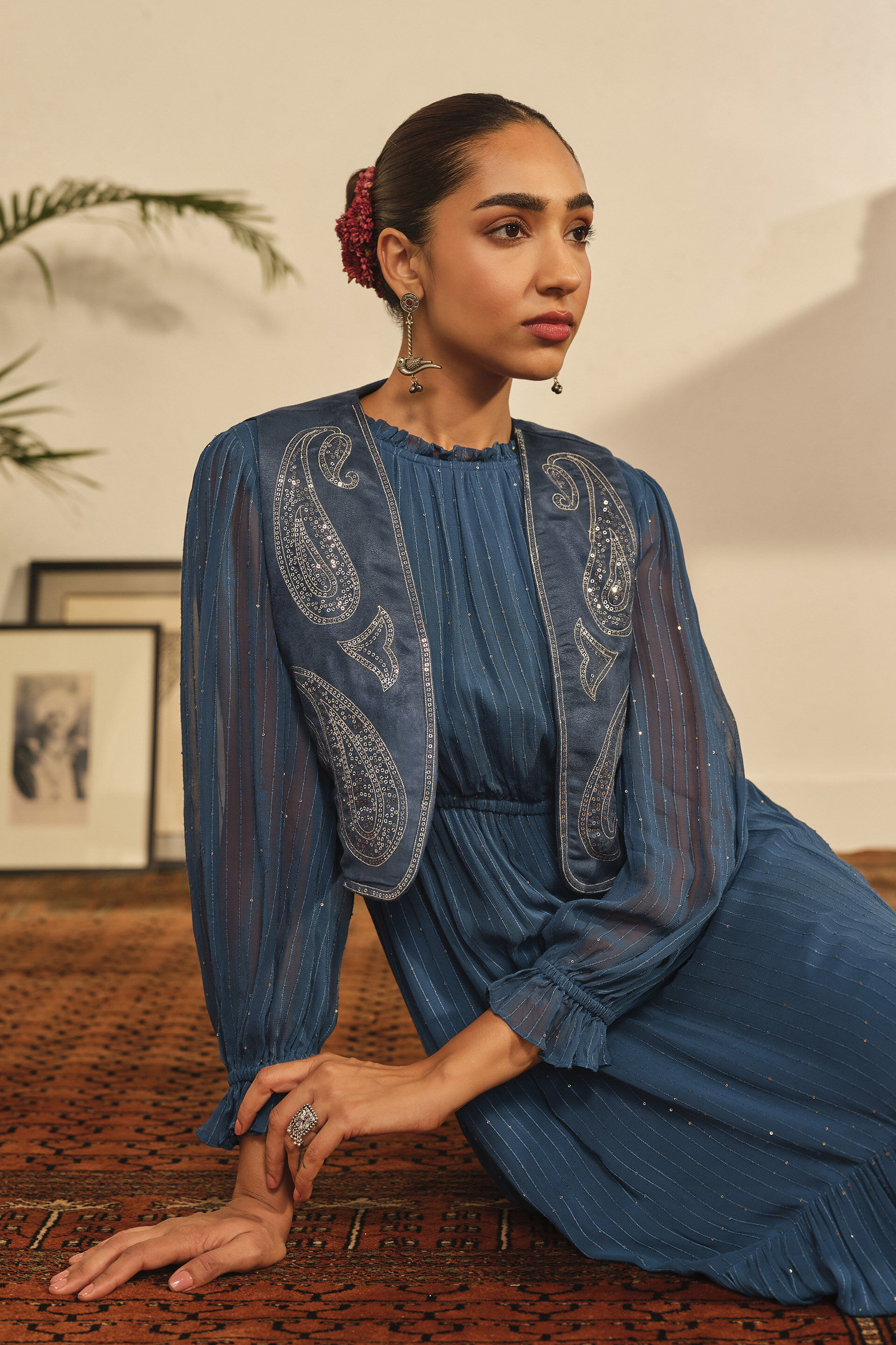 Embroidered Dress Set in Blue, Blue, image 2